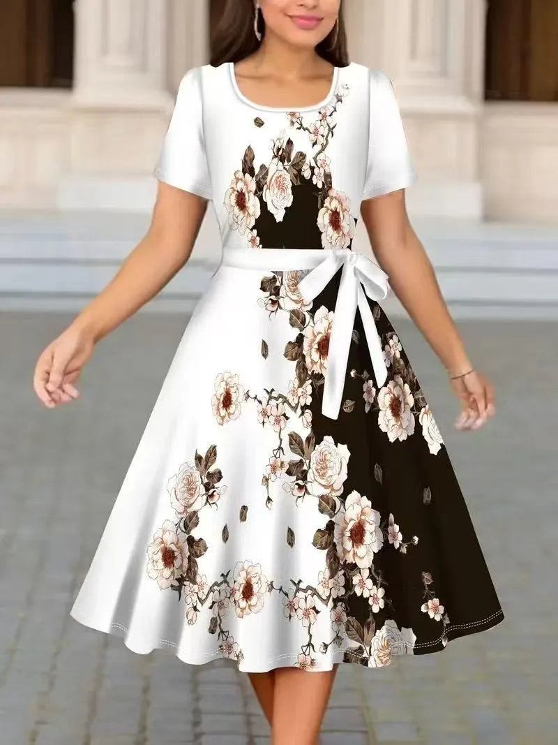 Women Floral Print A-Line Dress O Neck Short Sleeve Tie Waist Casual Midi Dress Black White Elegant Party Sundress