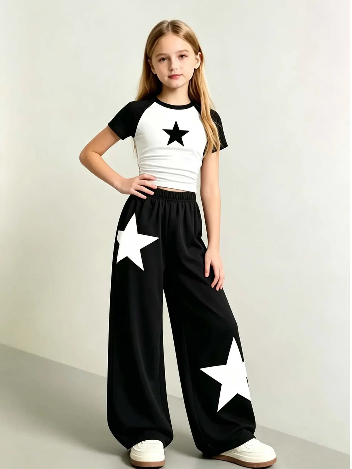 Girls' Summer and Autumn Casual Outfit: Girls' Fitted Top T-Shirt + Wide-Leg Long Pants Two-Piece Set, Children's Star Print Set Suitable for 8-12 Year Old Kids, Versatile Clothing for Home and Outings