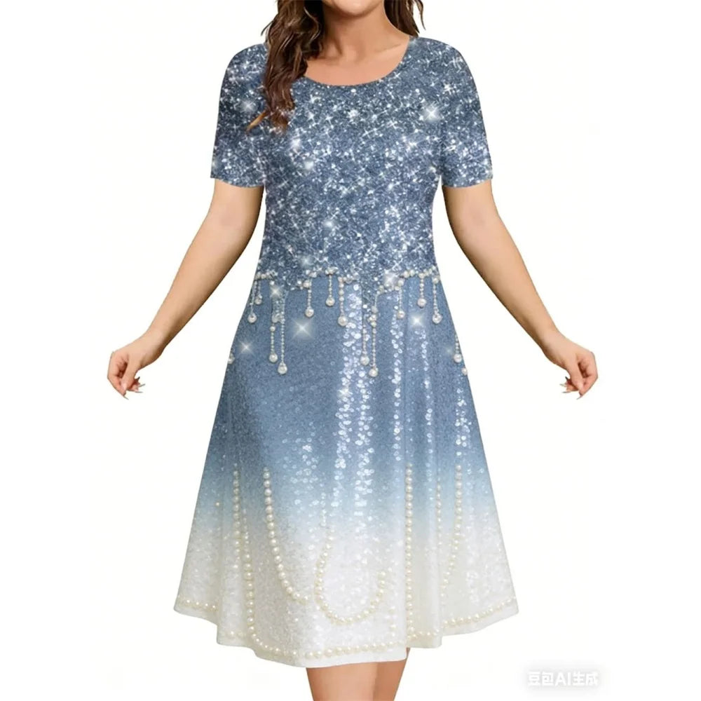 2026 New Women's Simple Gradient Color Casual Dresses Elegant Woman Clothes Evening Midi Dress Crew Neck Short Sleeve Dresses