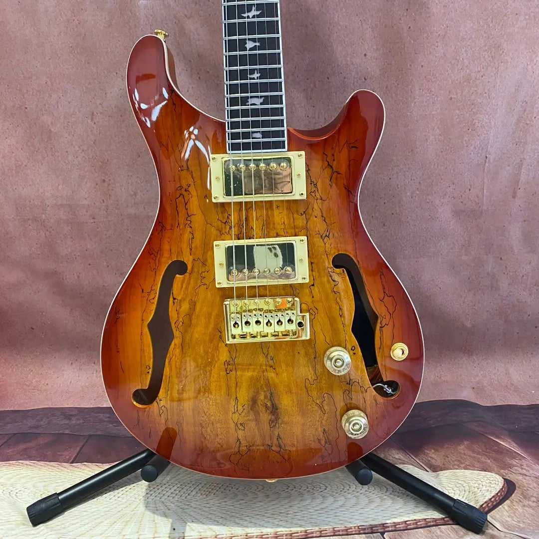 USA Local Stock Fast Dispatch Sunset Burl Veneer Semi-Hollow Electric Guitar 6 String, F-Hole Jazz Guitar, Bird Shape Abalone Inlay Fingerboard, HH Pickups, Gold Hardware Gloss Finish Premium Hollow-Body Electric Guitar