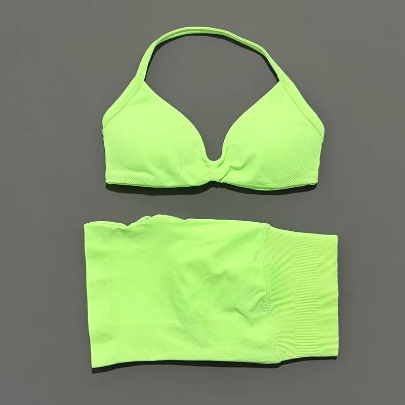 2 Pieces Yoga Gym Set Women Seamless Strappy Yoga Bra High Waist Workout Scrunch Shorts Sports Set Fitness Clothes Sportswear