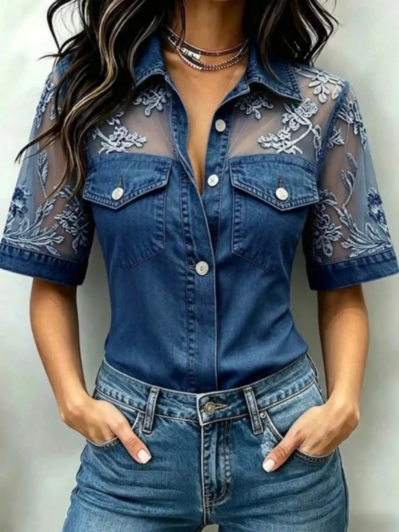 Women's Denim Fabric & Mesh Patchwork Shirt, Long Sheer Puff Sleeves, Button-Down With Fake Chest Pockets, Slim Fit Casual Top For Everyday Wear