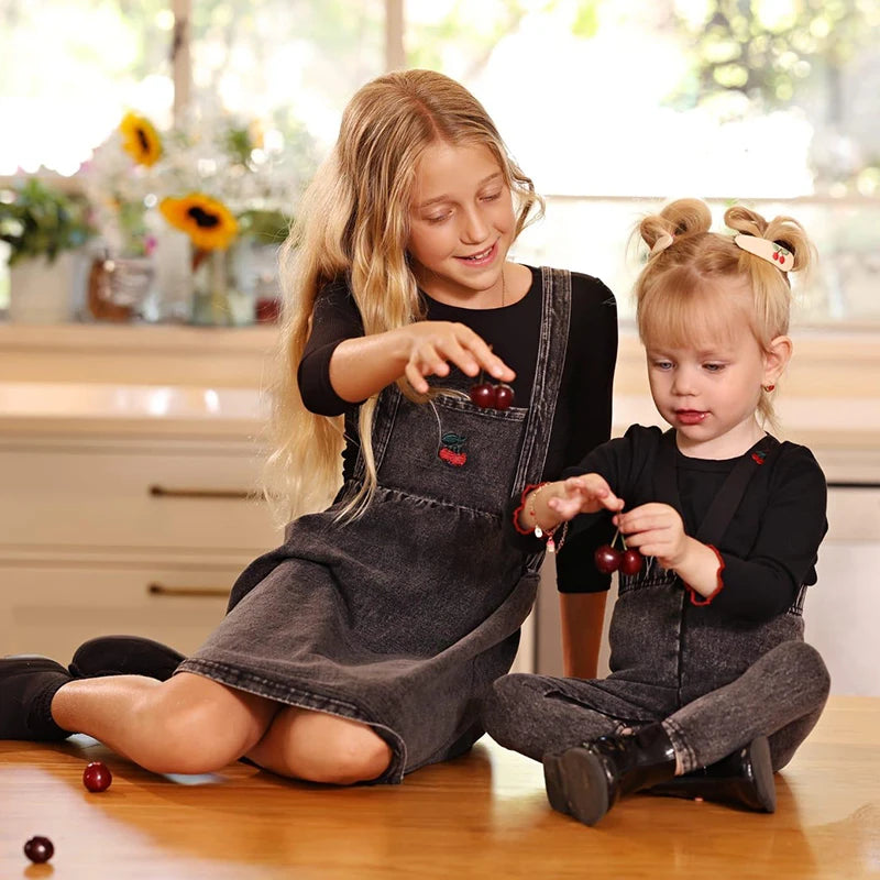 Denim Black Family Matching Set Long Sleeve Children's Clothing - Girl Dress Boys Casual Shirt Baby Rompers with Logo Embroidery