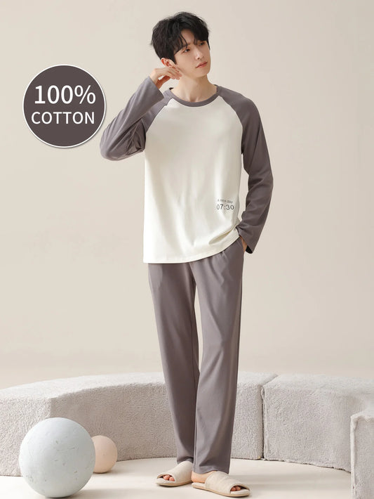 Men's 100% Cotton Long Sleeved Four Season Plus Size Men's Sleepwear, Teenage Pure Cotton Home Suit Set for Warmth
