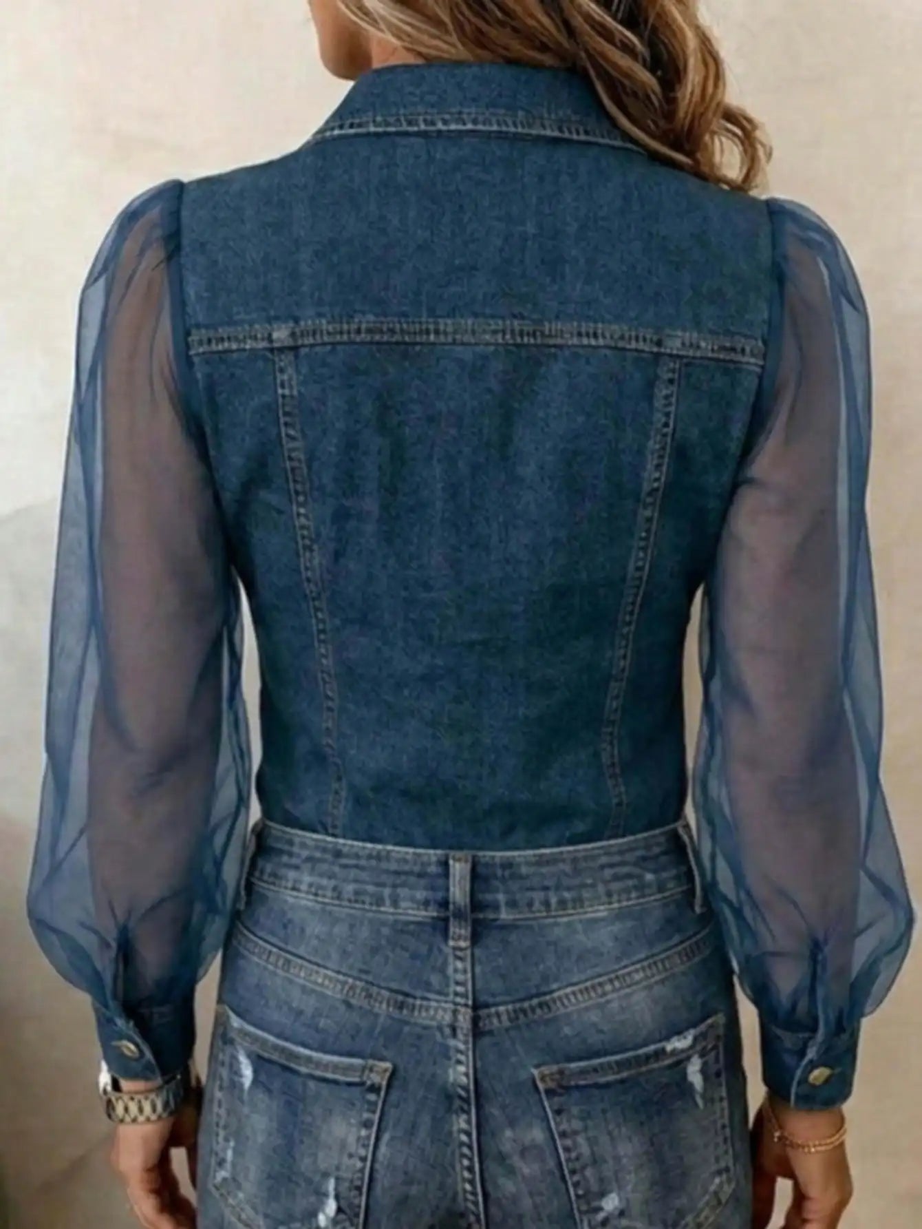 Women's Denim Fabric & Mesh Patchwork Shirt, Long Sheer Puff Sleeves, Button-Down With Fake Chest Pockets, Slim Fit Casual Top For Everyday Wear