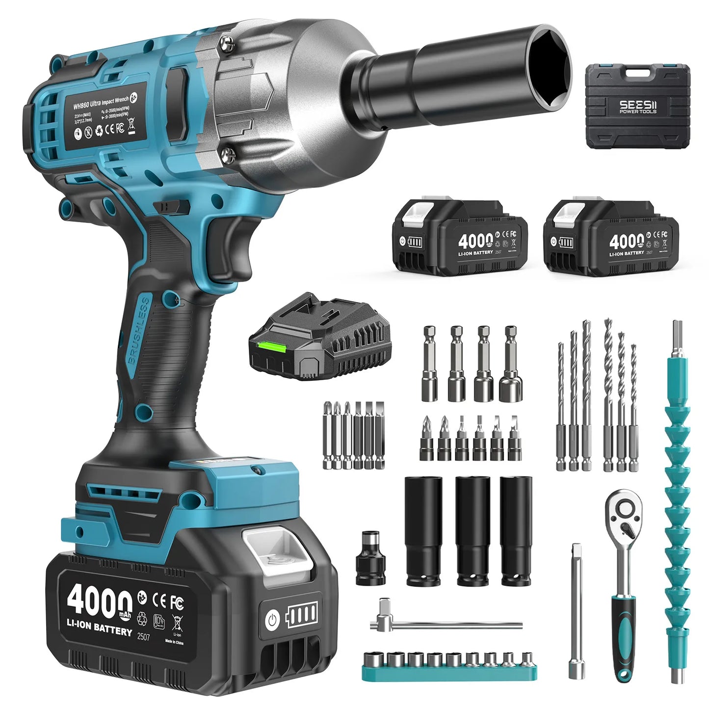 SEESII 1300N.m 3-in-1  Impact Wrench & Cordless Drill & Screwdriver 1/2 Inch Brushless Motor Electric Impact Gun Kit Repair Tools With 2x4000mah Batteries LED Light For Car Truck Home DIY