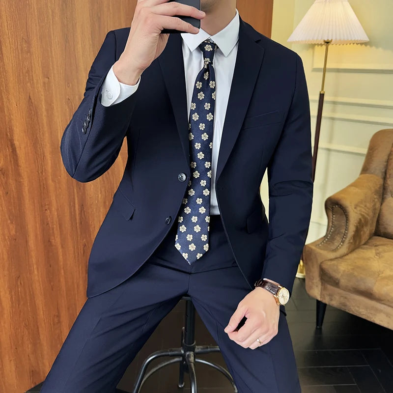 Suit (Blazer+ Pants) Fashion Men Solid Color Business Wedding Work Casual Slim Professional Dress Groom Best Man Gentleman Suit