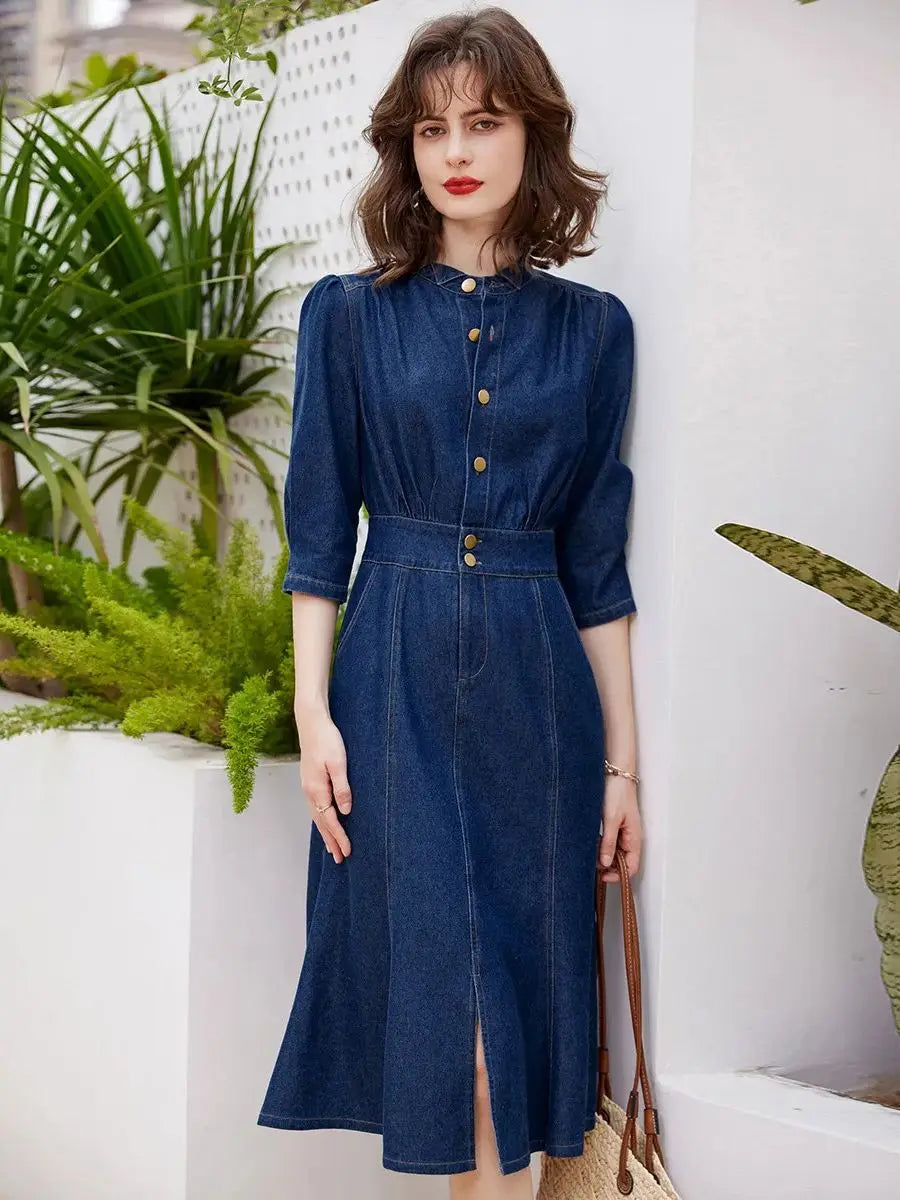 LOUIS YAO Women Denim Dress Retro Style Casual 2024 Spring Round Neck Three-quarter Sleeve Slim Fit A-line Fishtail Dress