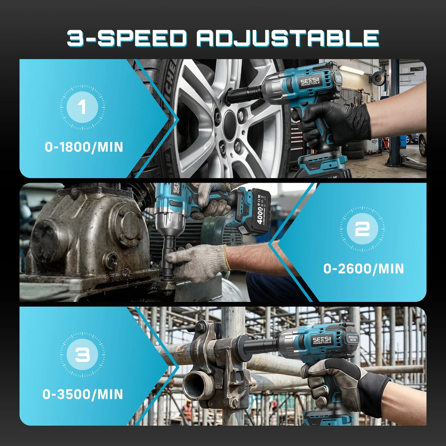 SEESII 1300N.m 3-in-1  Impact Wrench & Cordless Drill & Screwdriver 1/2 Inch Brushless Motor Electric Impact Gun Kit Repair Tools With 2x4000mah Batteries LED Light For Car Truck Home DIY