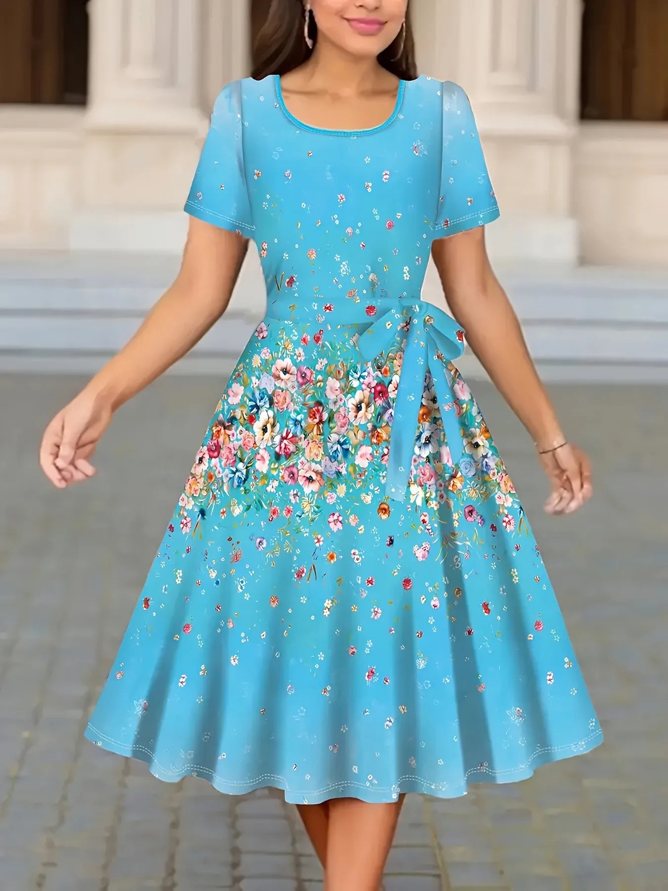 Women Floral Print A-Line Dress O Neck Short Sleeve Tie Waist Casual Midi Dress Black White Elegant Party Sundress