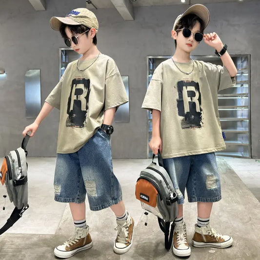 New Boys Fashion Summer 2pcs Cotton T-shirts+Denim Shorts Sporty Suits Teenage Kids Korean Style Outfits Sets Children Clothes