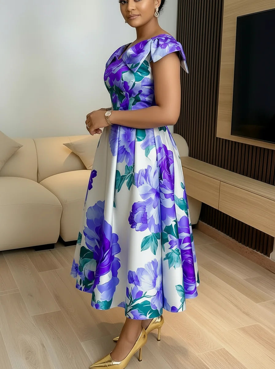 Off Shoulder Bow Strap Floral Print Midi Swing Dress For Women Wedding Guest Brunch Daily Elegant Party Occasions