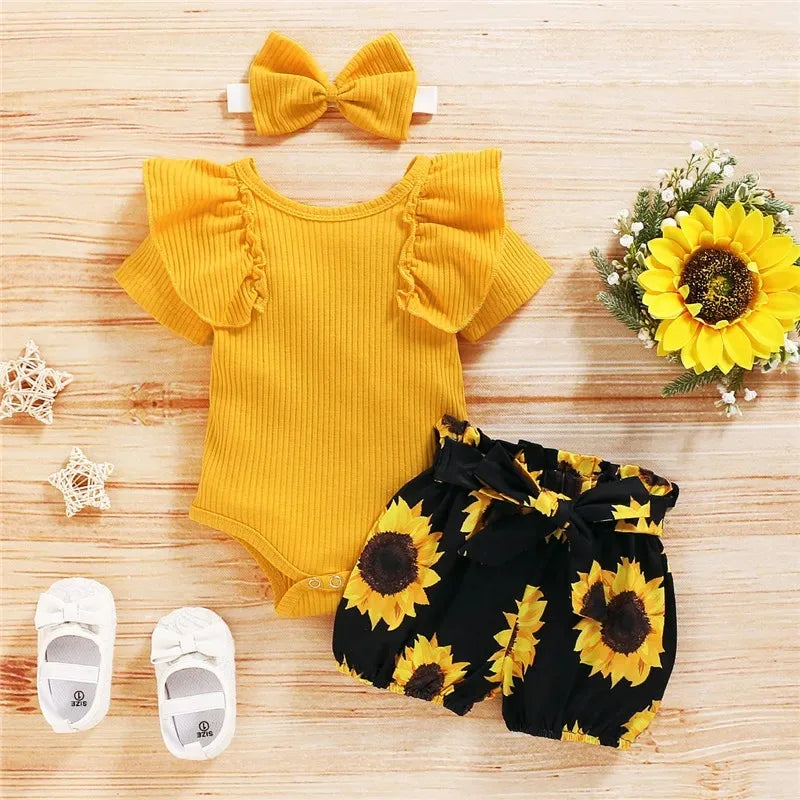 Summer Baby Girl  3pcs Ruffled Romper + Sunflower Print Shorts + Bow Headband Set For Infant Girls