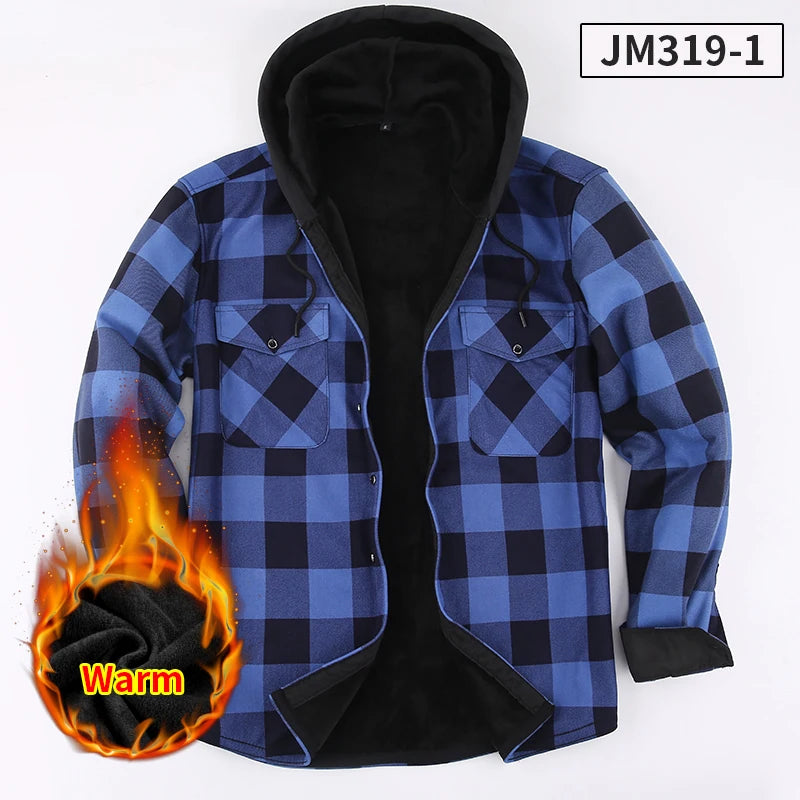 Fashion Korean Popular Clothes Winter Adding Velvet and Thickening Long-Sleeve Shirts for Men Casual Hooded Jacket Plaid Tops