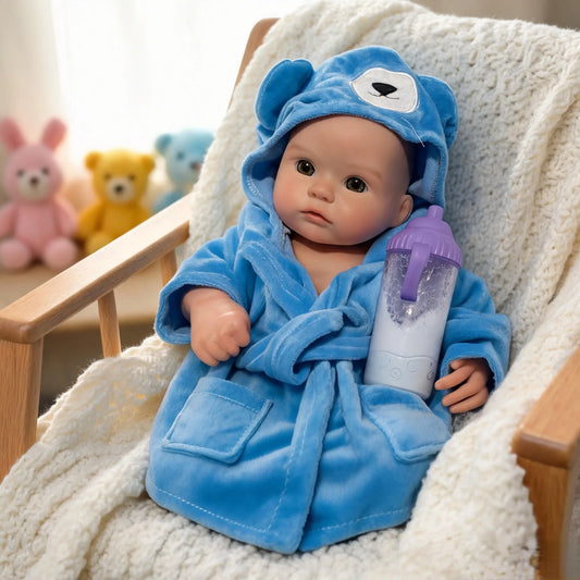 13 Inch Full Silicone Reborn Baby Doll Bald Mouth For Feeding 3D Veins Lifelike Paint Blue Bathrobe Collectible Art Doll Xmas Birthday Gift（TT）