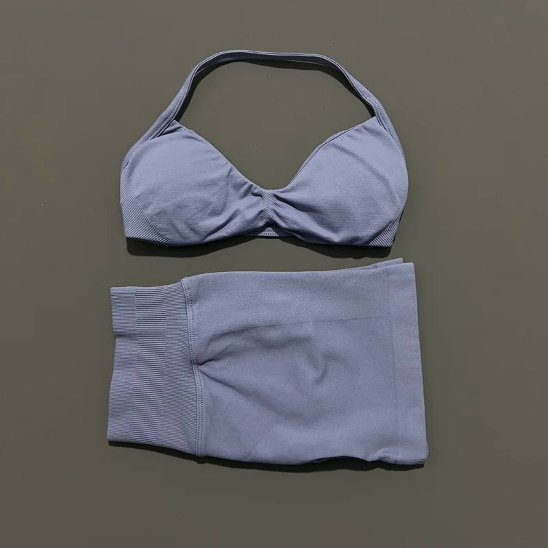 2 Pieces Yoga Gym Set Women Seamless Strappy Yoga Bra High Waist Workout Scrunch Shorts Sports Set Fitness Clothes Sportswear