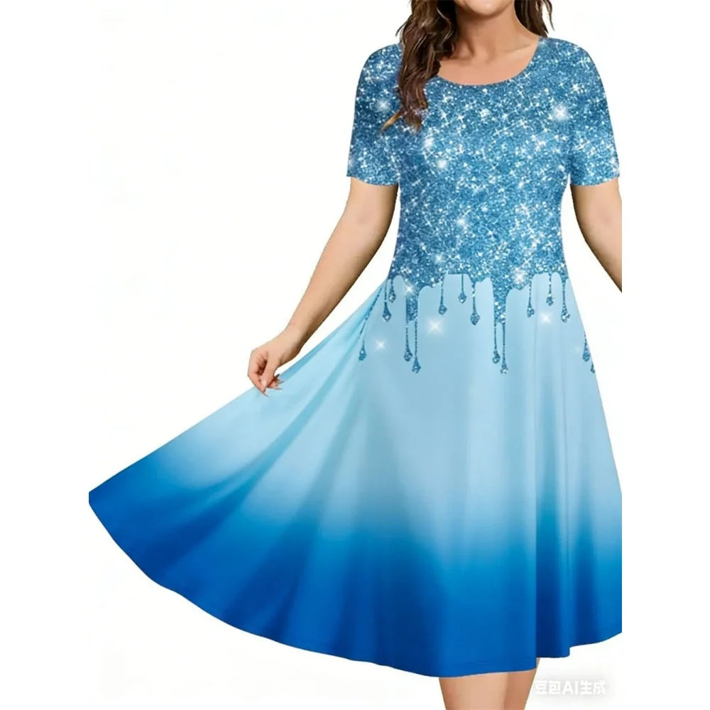 2026 New Women's Simple Gradient Color Casual Dresses Elegant Woman Clothes Evening Midi Dress Crew Neck Short Sleeve Dresses