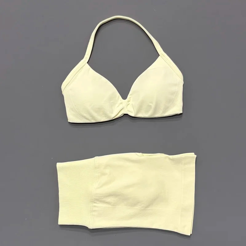 2 Pieces Yoga Gym Set Women Seamless Strappy Yoga Bra High Waist Workout Scrunch Shorts Sports Set Fitness Clothes Sportswear