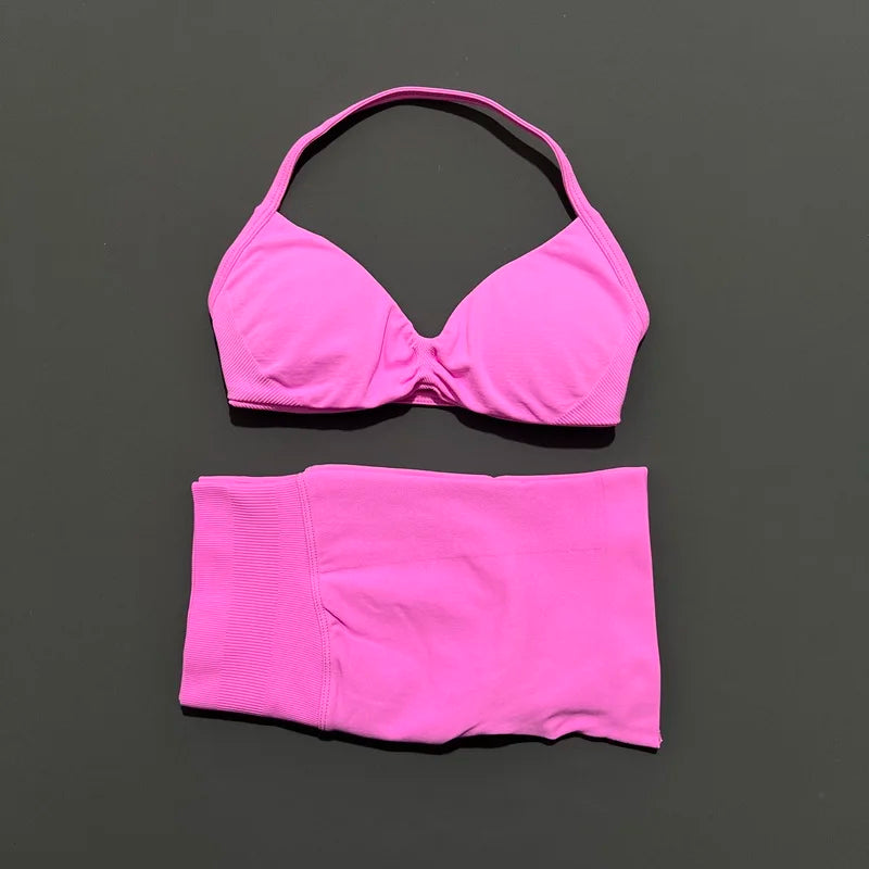 2 Pieces Yoga Gym Set Women Seamless Strappy Yoga Bra High Waist Workout Scrunch Shorts Sports Set Fitness Clothes Sportswear