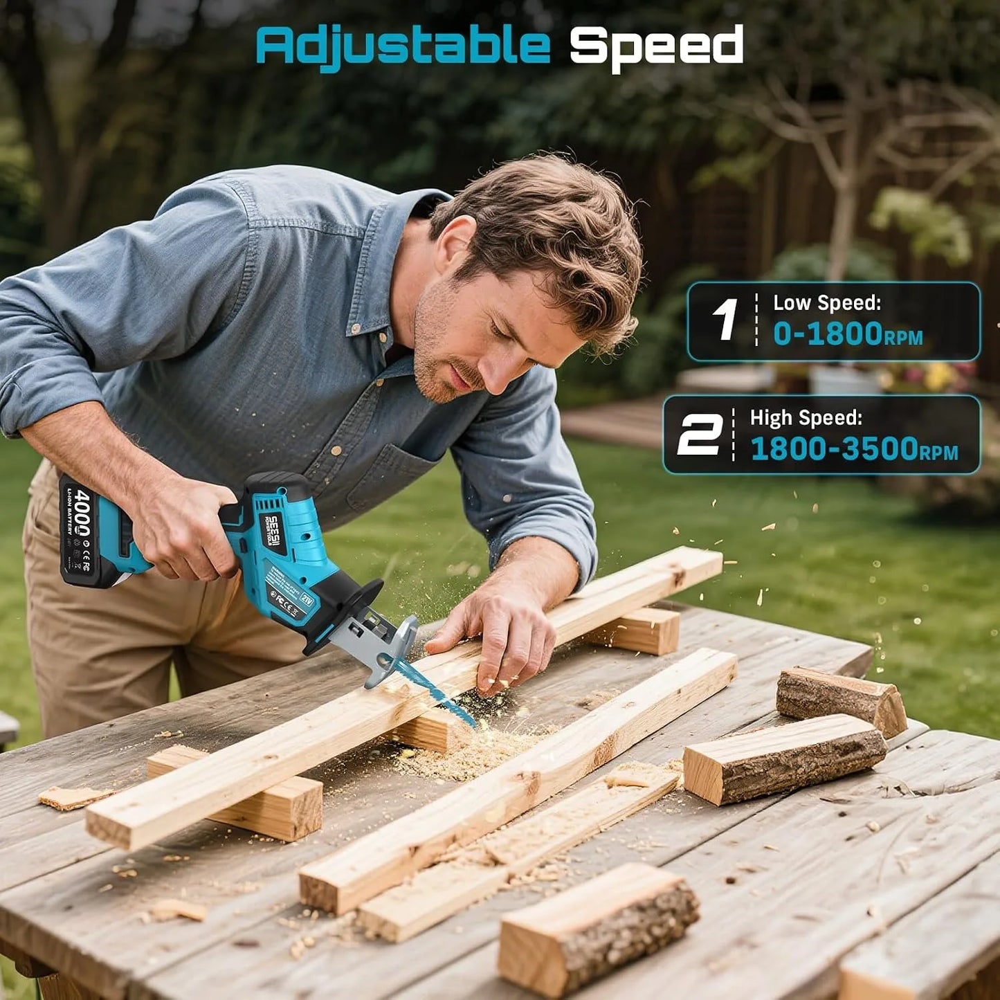 SEESII Reciprocating Saw Cordless Cutting Saw Variable Speed 3500 RPM Brushless Motor with 6 Saw Blades Portable Saw Power Tool 4.0Ah Battery For Wood PVC Cutting