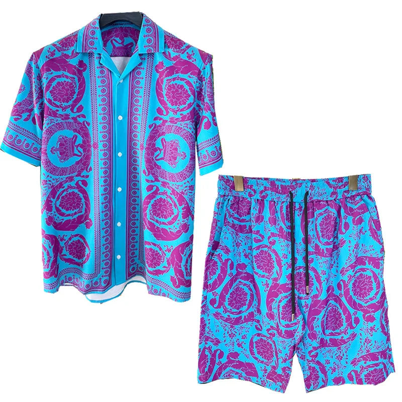 Vintage Men Shirts Sets Summer 3D Print Beach Short Sleeve Shirt Shorts Casual Trip Mens Hawaiian 2 Piece Suit S-5XL Man Blouse