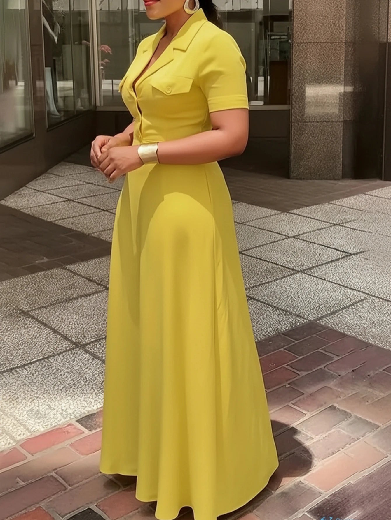Women Lapel Collar Short Sleeve Button Maxi Dress With Side Pockets For Elegant Office Business And Daily Occasion