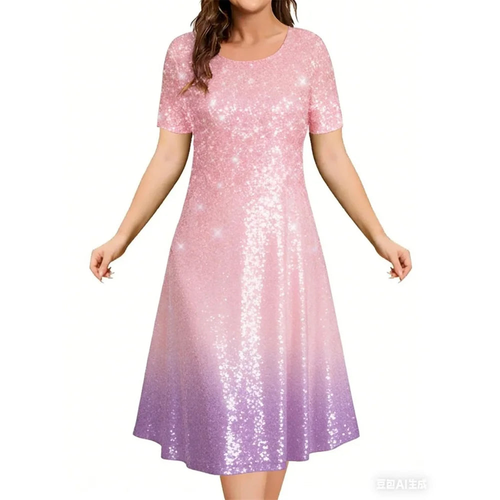 2026 New Women's Simple Gradient Color Casual Dresses Elegant Woman Clothes Evening Midi Dress Crew Neck Short Sleeve Dresses