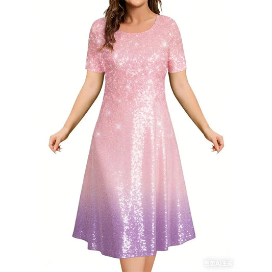 2026 New Women's Simple Gradient Color Casual Dresses Elegant Woman Clothes Evening Midi Dress Crew Neck Short Sleeve Dresses