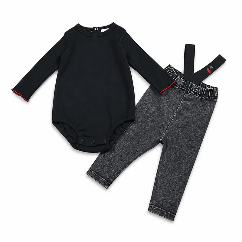 Denim Black Family Matching Set Long Sleeve Children's Clothing - Girl Dress Boys Casual Shirt Baby Rompers with Logo Embroidery