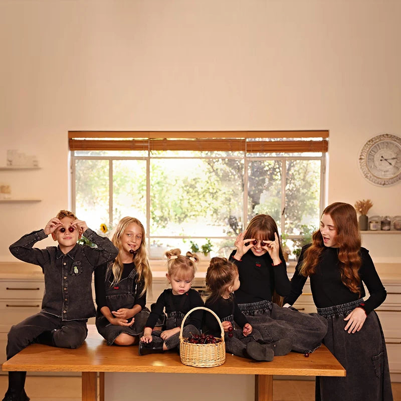 Denim Black Family Matching Set Long Sleeve Children's Clothing - Girl Dress Boys Casual Shirt Baby Rompers with Logo Embroidery