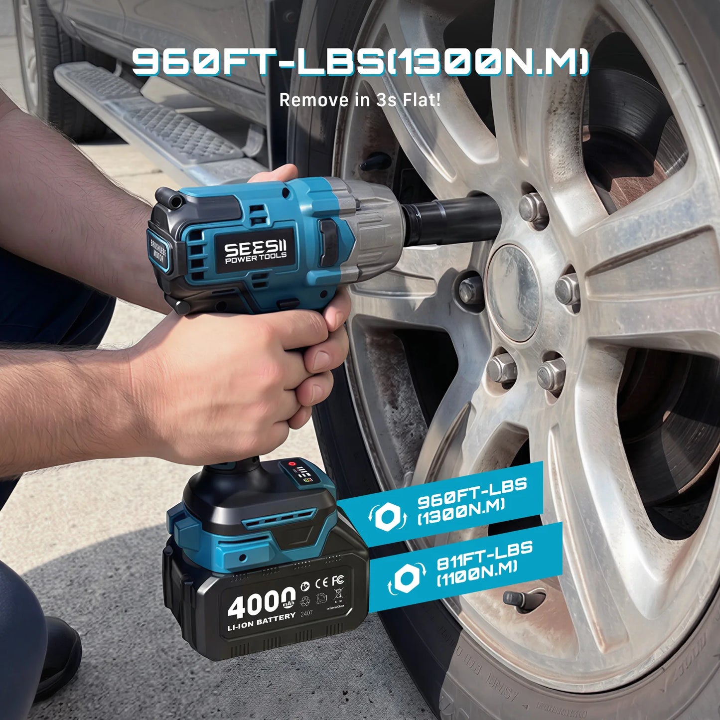 SEESII 1300N.m 3-in-1  Impact Wrench & Cordless Drill & Screwdriver 1/2 Inch Brushless Motor Electric Impact Gun Kit Repair Tools With 2x4000mah Batteries LED Light For Car Truck Home DIY