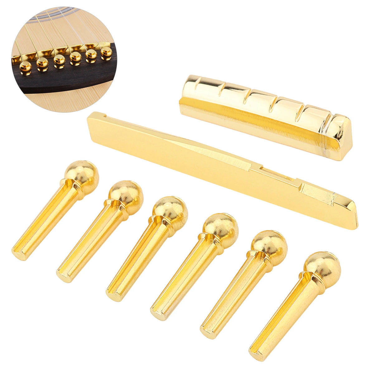 8pcs Brass Guitar Saddle Nut Bridge Pins Set for 6 String Acoustic Folk Guitar 72mm Saddle Replacement Upgrade Kit