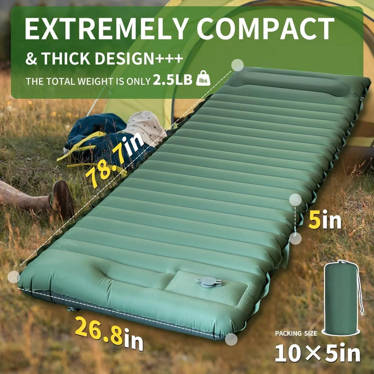 Ultralight Extra Thick 4Inch Camping Sleeping Pad with Built-In Pillow And Foot Pump Inflatable Sleeping Mat for Outdoor Camping