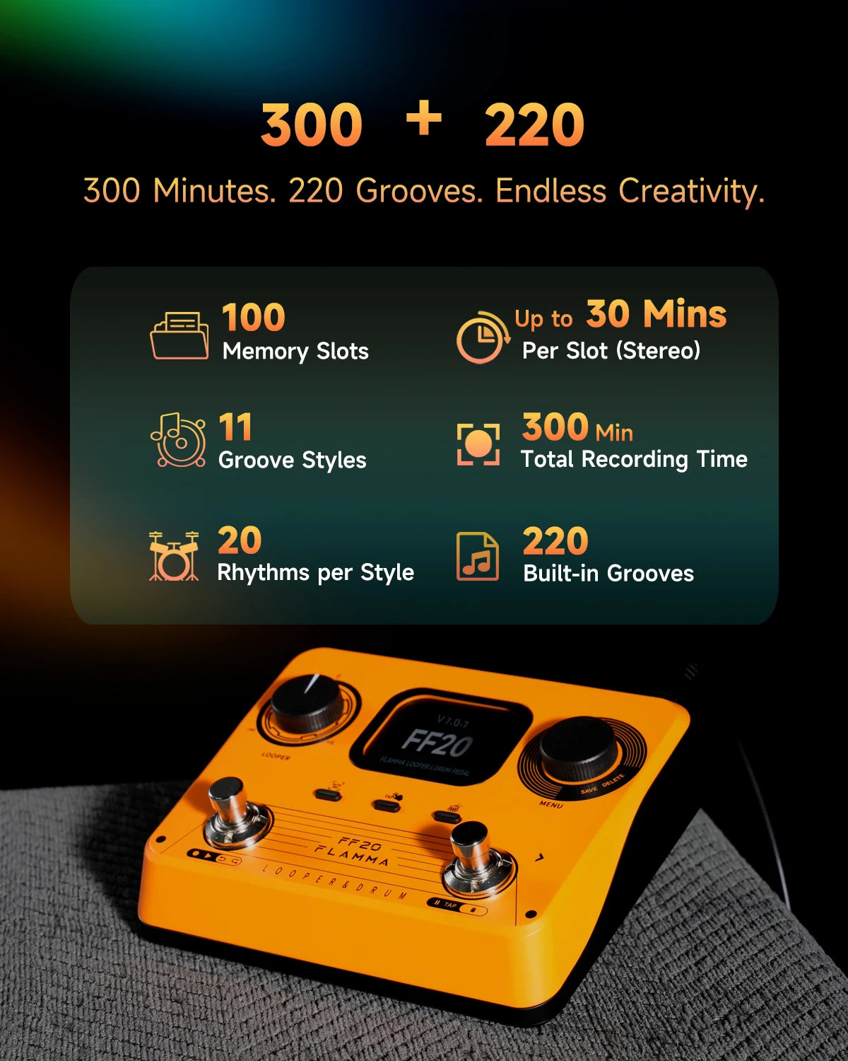 FLAMMA FF20 Guitar Looper Drum Machine Effects Pedal 300 Mins Looper, 220 Drum Groves, 100 Loop Slots Auto Record Function