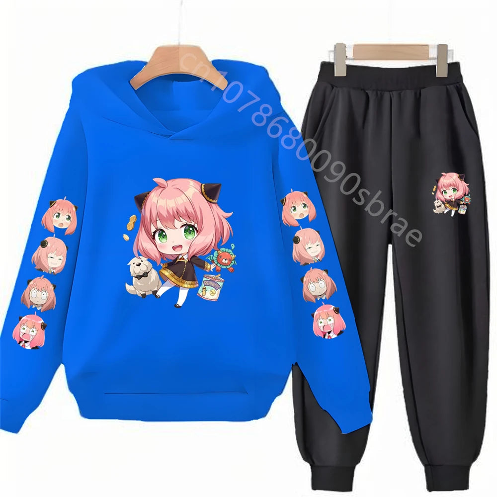 Children's Top and Bottom Suit Anime Spy X Family Hoodies Girls Boy Age 3-12 Coat Casual Toddler Sweatshirt Hood Clothing