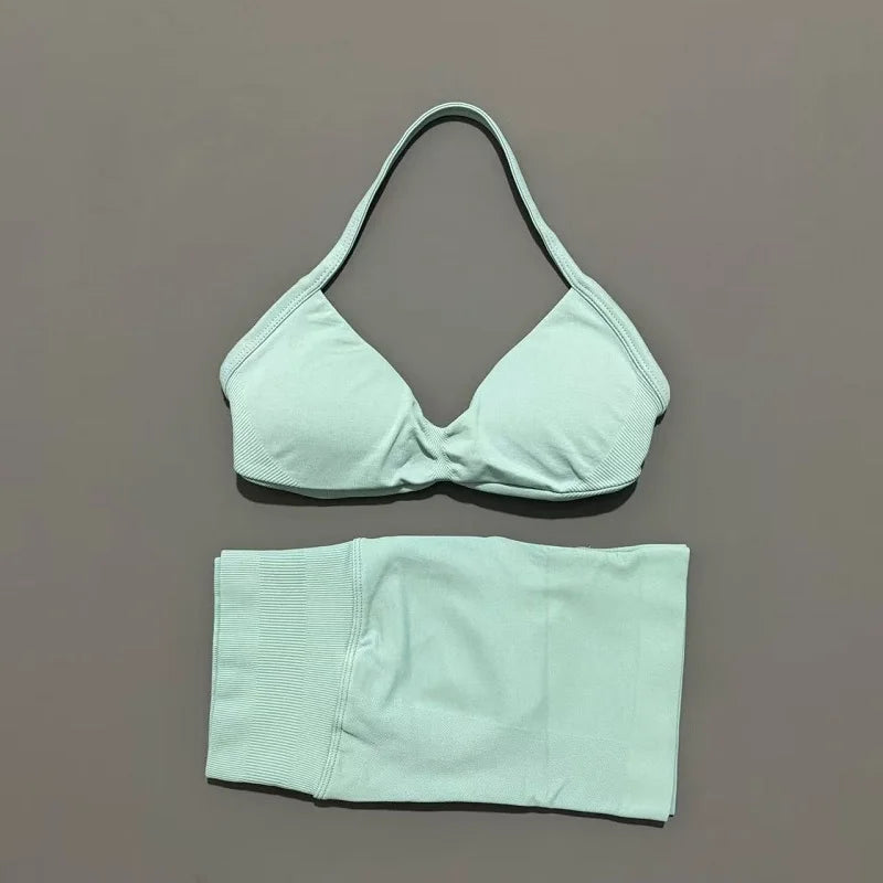 2 Pieces Yoga Gym Set Women Seamless Strappy Yoga Bra High Waist Workout Scrunch Shorts Sports Set Fitness Clothes Sportswear