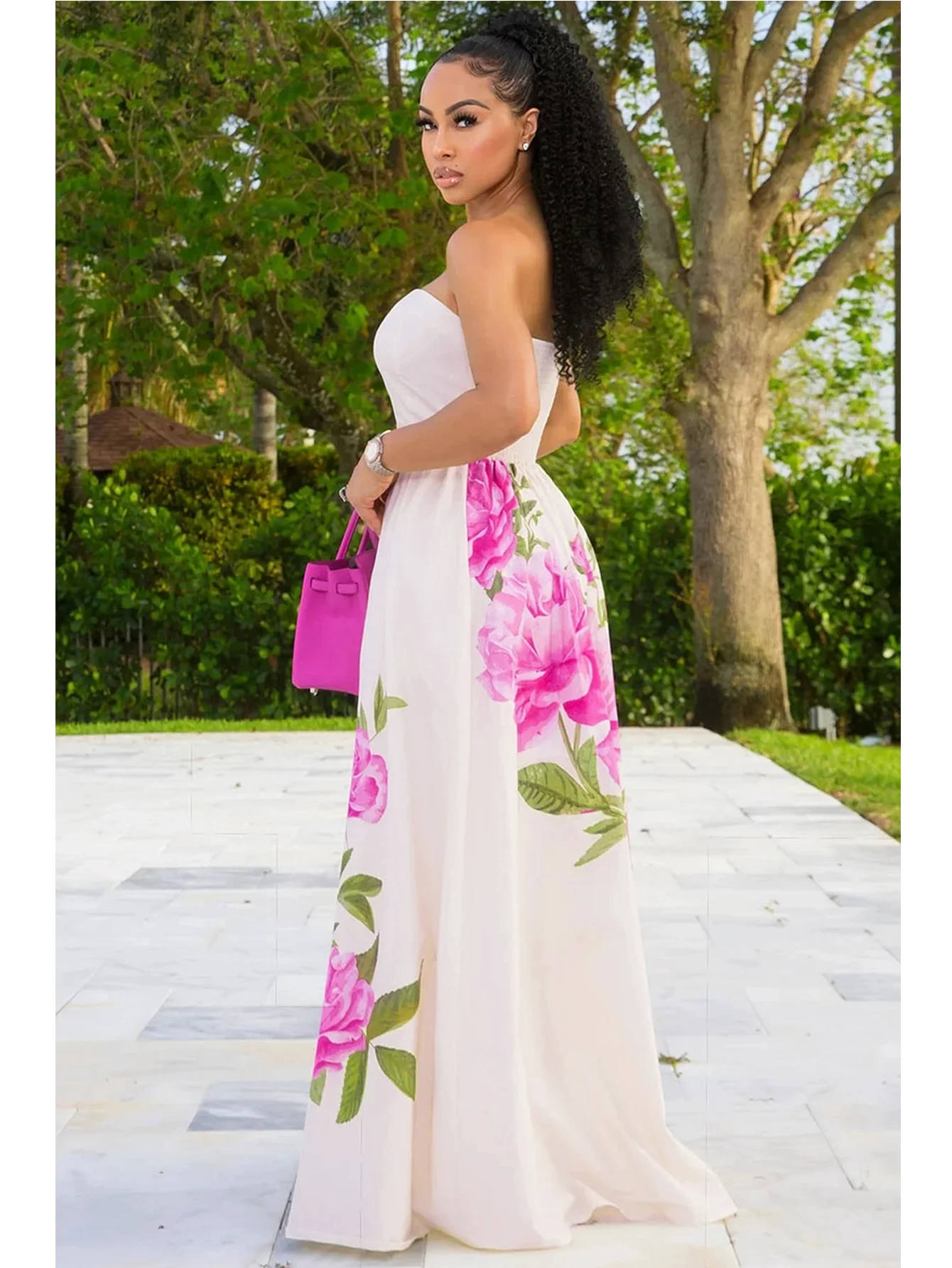 Women Tube Strapless Waist Flowy Maxi Dress With Floral Print For Wedding Guest Resort And Vacation Occasion