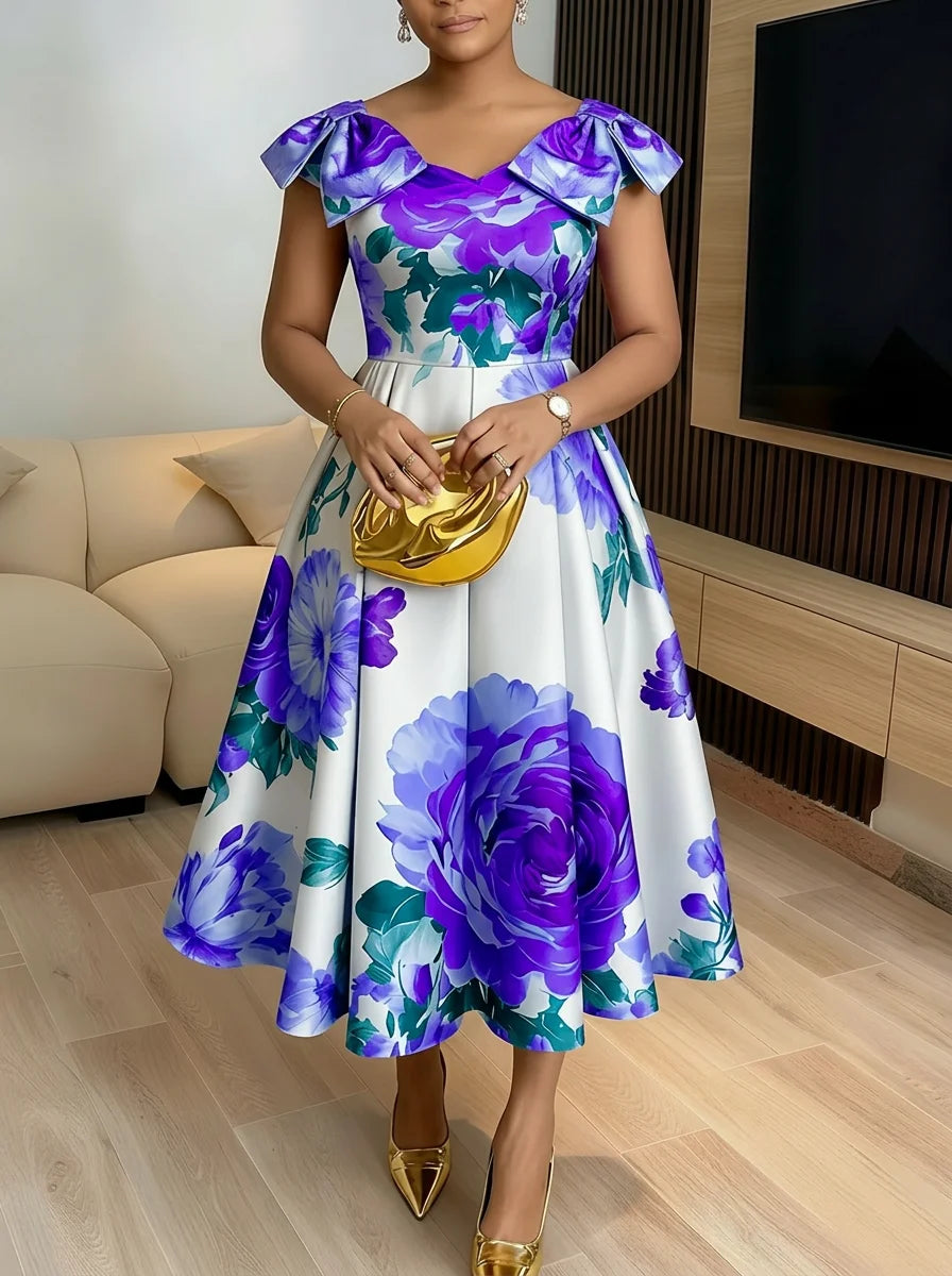 Off Shoulder Bow Strap Floral Print Midi Swing Dress For Women Wedding Guest Brunch Daily Elegant Party Occasions