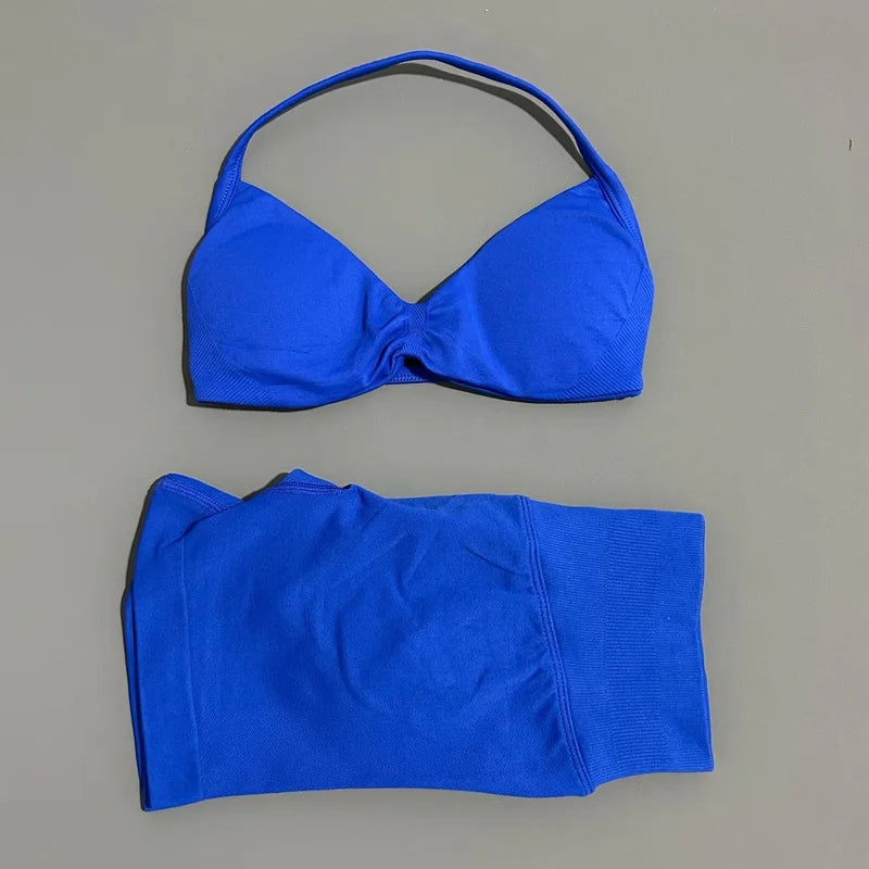 2 Pieces Yoga Gym Set Women Seamless Strappy Yoga Bra High Waist Workout Scrunch Shorts Sports Set Fitness Clothes Sportswear