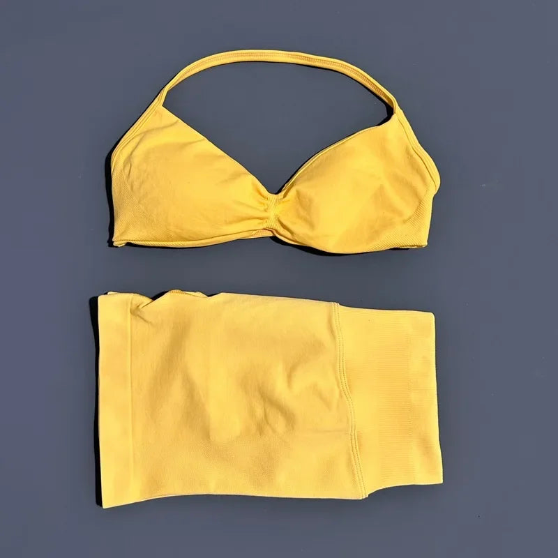 2 Pieces Yoga Gym Set Women Seamless Strappy Yoga Bra High Waist Workout Scrunch Shorts Sports Set Fitness Clothes Sportswear