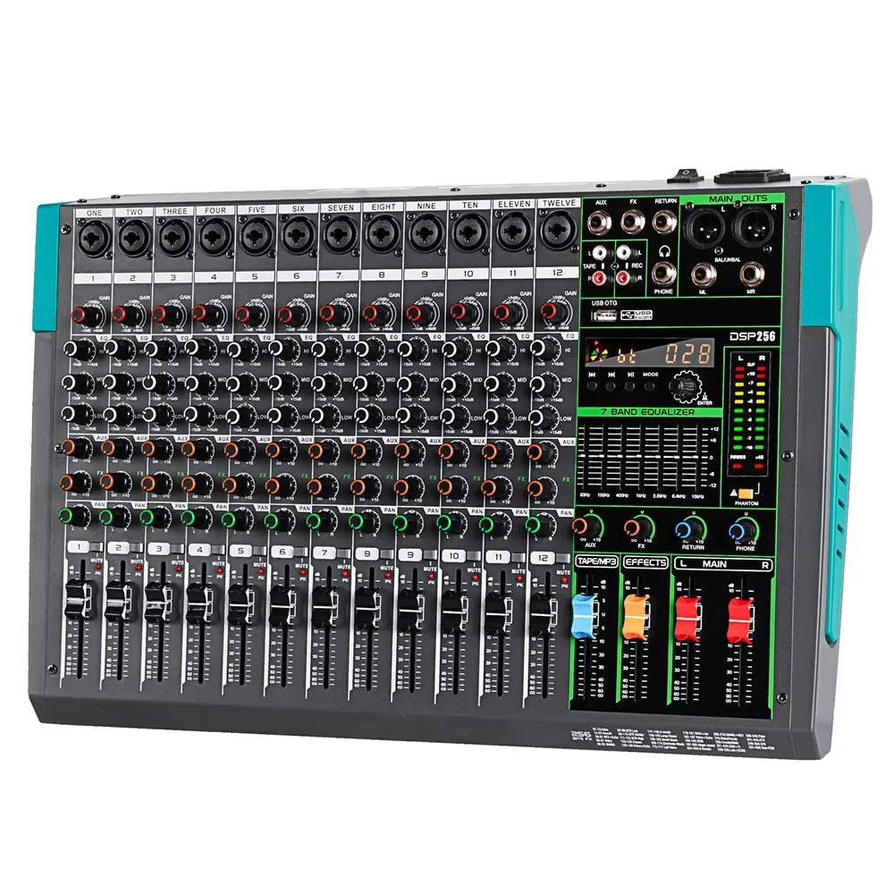 12 Channels Audio Sound Mixer Depusheng MG12 Mixing DJ Console USB with 48V Phantom Power 256 DSP Effects Sound Table for Stage