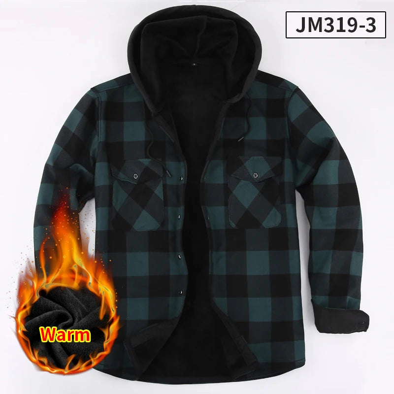 Fashion Korean Popular Clothes Winter Adding Velvet and Thickening Long-Sleeve Shirts for Men Casual Hooded Jacket Plaid Tops