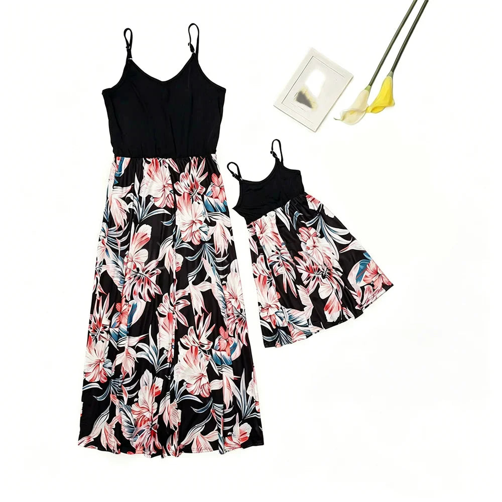 Vintage Mother Daughter Dress Vestidos Family Matching Outfits Children Dress Beach Casual Women Dresses Summer Girls Clothing