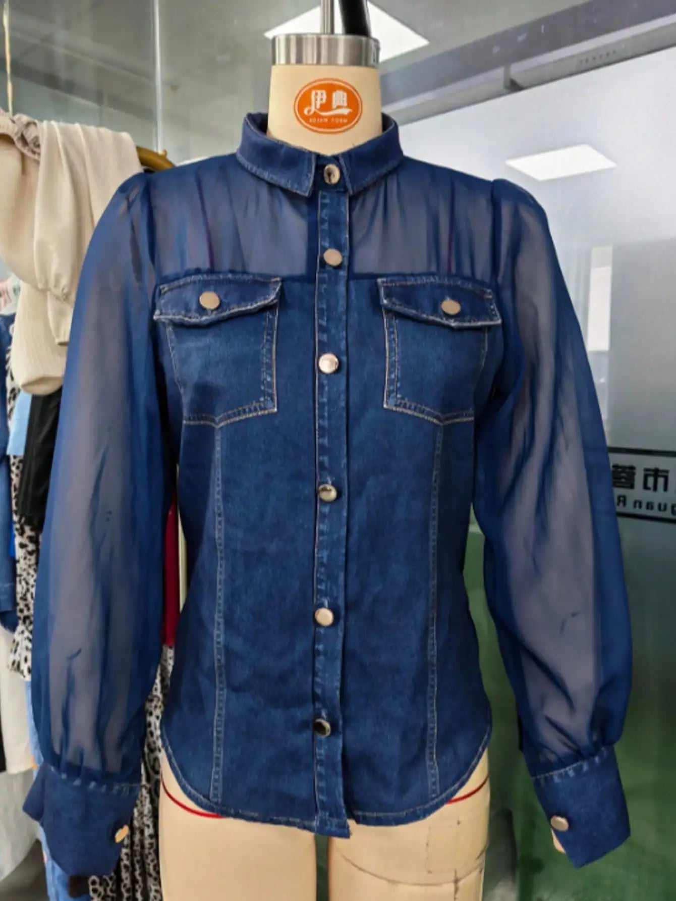 Women's Denim Fabric & Mesh Patchwork Shirt, Long Sheer Puff Sleeves, Button-Down With Fake Chest Pockets, Slim Fit Casual Top For Everyday Wear
