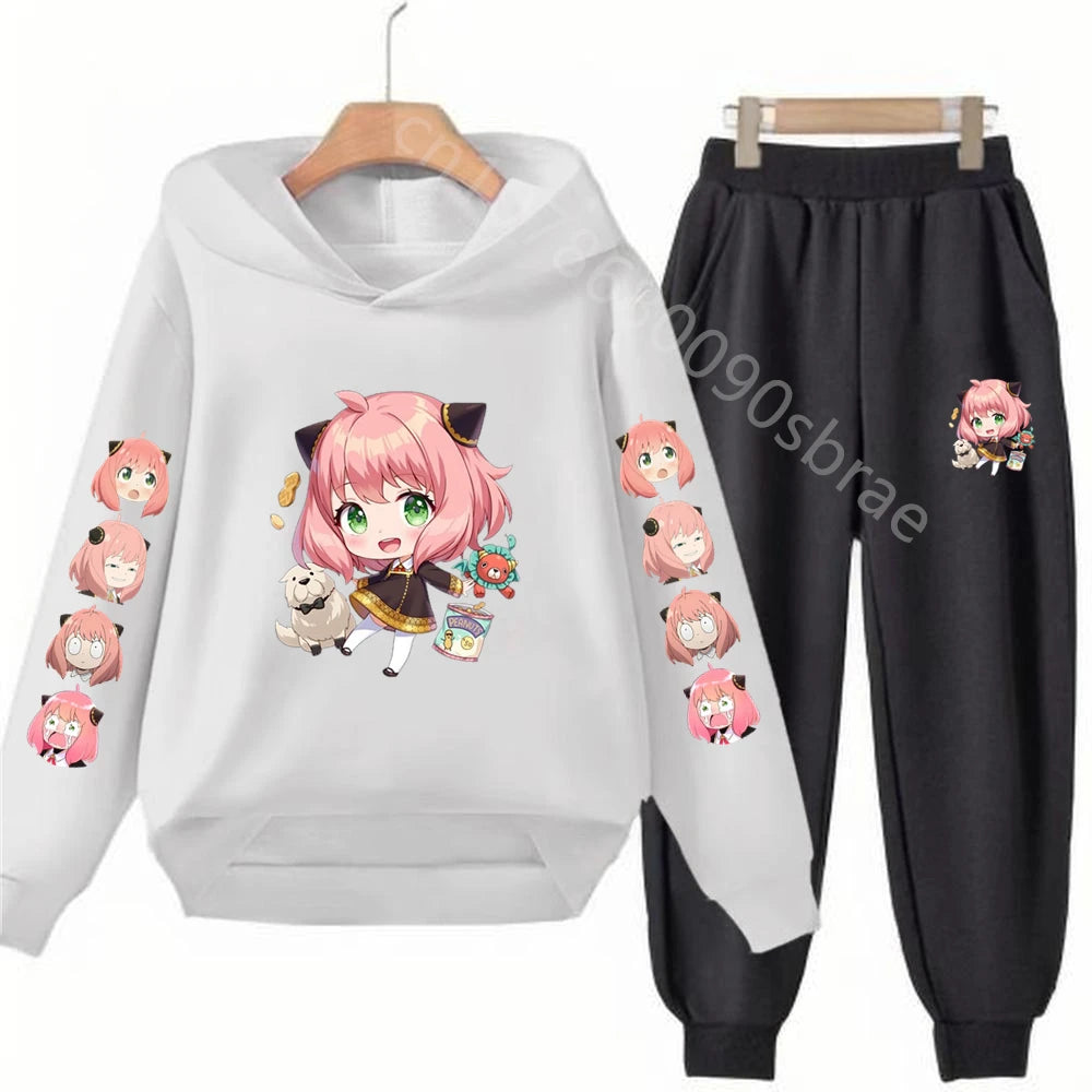 Children's Top and Bottom Suit Anime Spy X Family Hoodies Girls Boy Age 3-12 Coat Casual Toddler Sweatshirt Hood Clothing