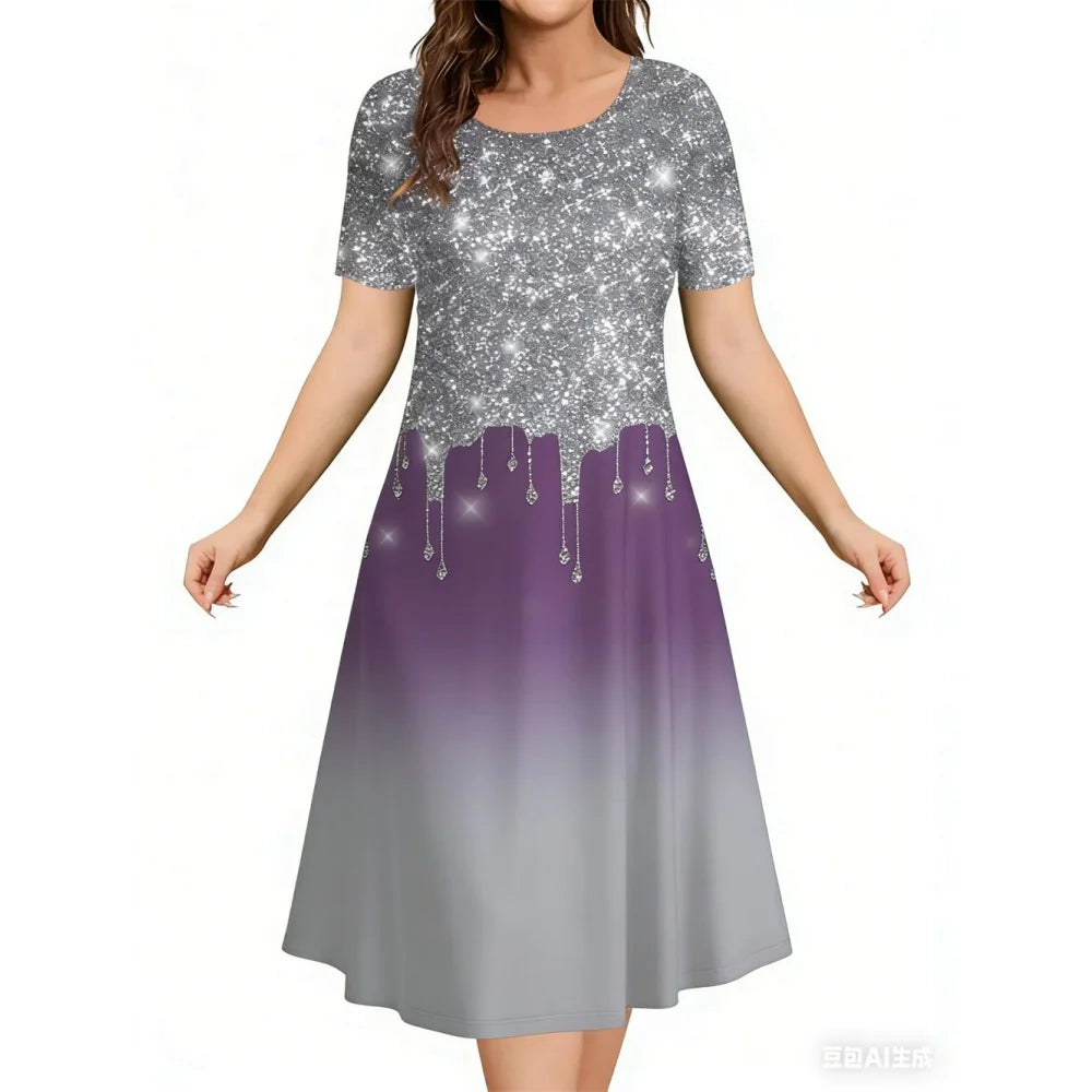 2026 New Women's Simple Gradient Color Casual Dresses Elegant Woman Clothes Evening Midi Dress Crew Neck Short Sleeve Dresses