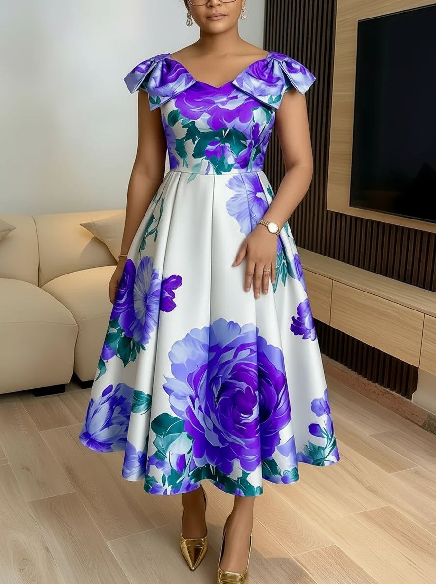 Off Shoulder Bow Strap Floral Print Midi Swing Dress For Women Wedding Guest Brunch Daily Elegant Party Occasions