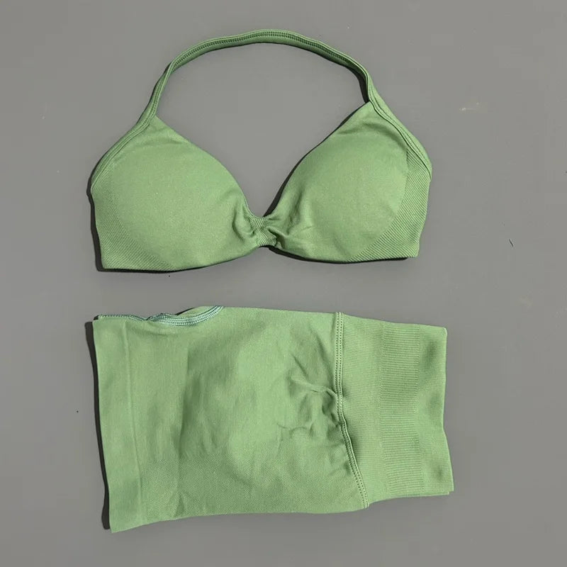 2 Pieces Yoga Gym Set Women Seamless Strappy Yoga Bra High Waist Workout Scrunch Shorts Sports Set Fitness Clothes Sportswear