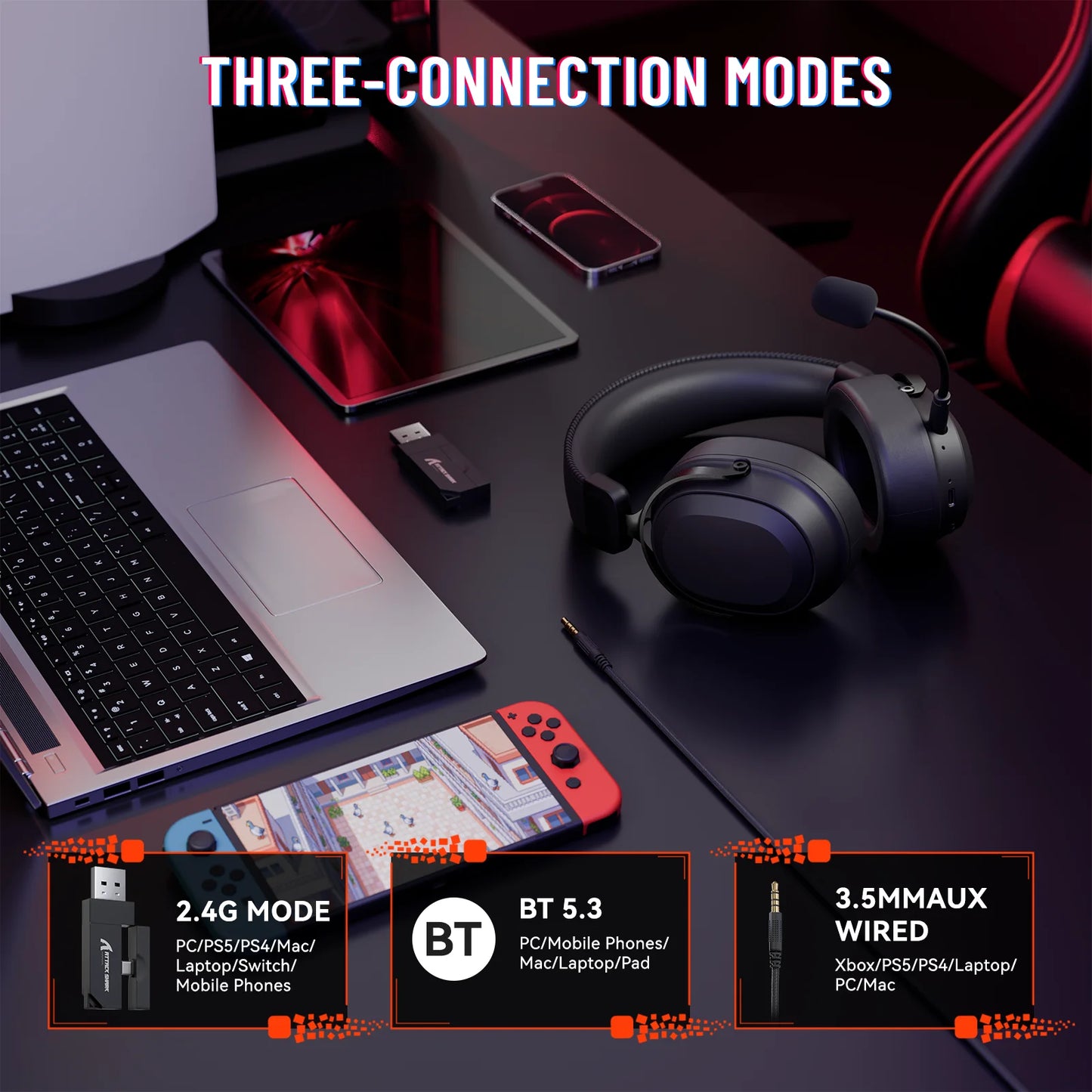 ATTACK SHARK L30PRO Wireless Gaming Headset,7.1 Surround Sound, 50mm Drivers,20ms Low Latency,Detachable Noise-Canceling Mic