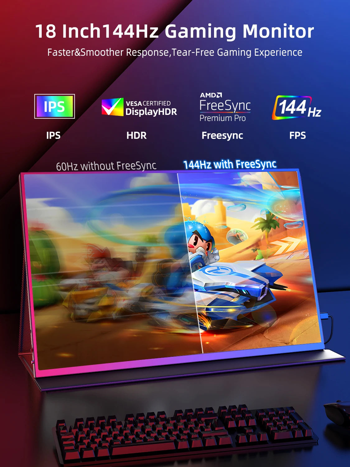 UPERFECT Portable Monitor 18" 2K 144Hz Gaming Display 2560x1600 QHD 100% DCI-P3 HDR Laptop Second Screen for Computer Phone Game